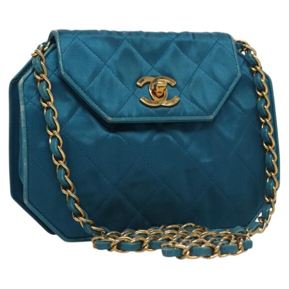 CHANEL Matelasse Chain Shoulder Bag Satin Blue CC - Picture 1 of 16